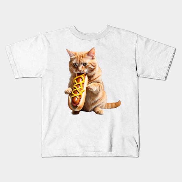 Funny junk food lover foodie hot dog hungry Cat Kids T-Shirt by Tina